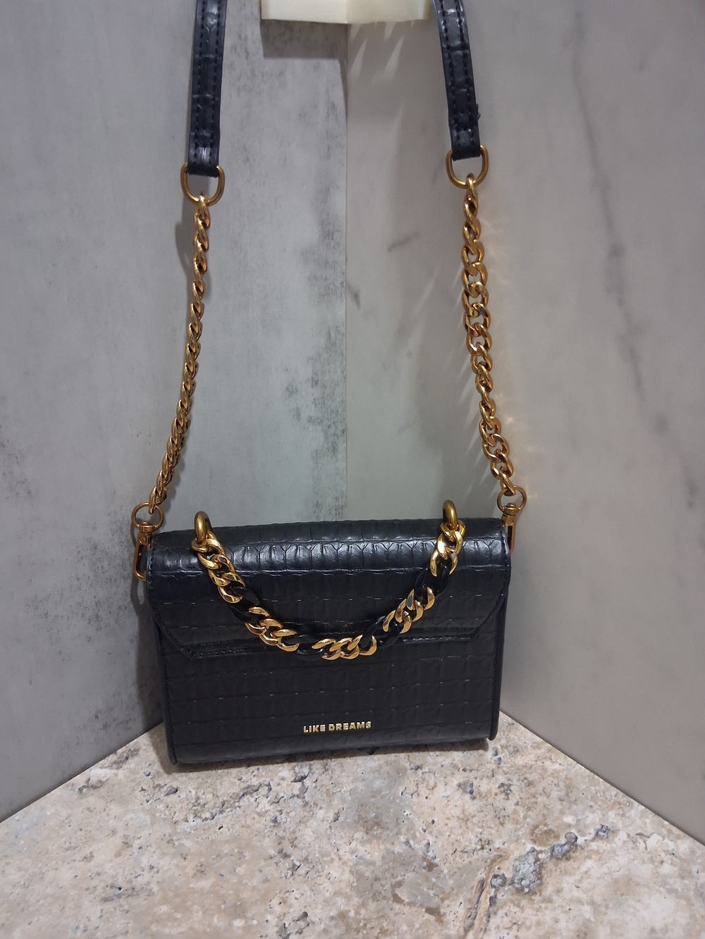 Like Dreams Black Croc-Embossed Crossbody with Gold Chain Trim